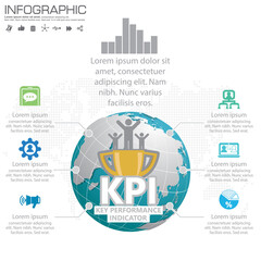 Infographic KPI concept with marketing icons. Key Performance Indicator can be used for workflow layout, diagram, report, web design. Business steps or processes concept with options.