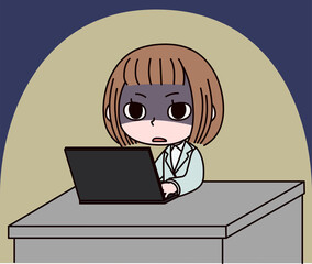 デスクワーク、残業する女性