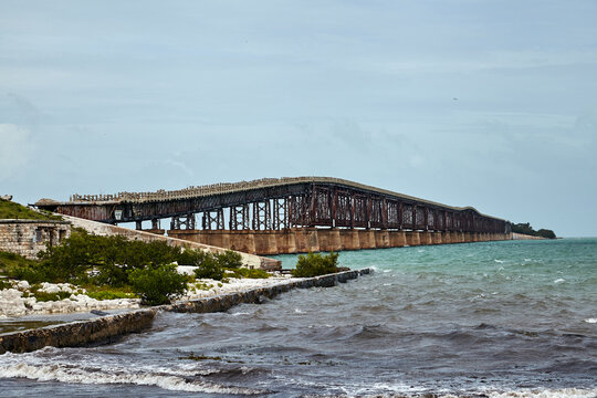 Old Bahia Honda Rail Bridge On Overseas Railroad Washed By The Azure Waters Of The Atlantic Ocean