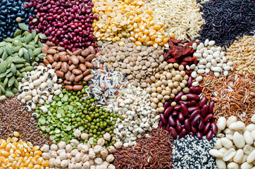 Variety kind of dry organic cereal and grain seeds pile, for healthy or clean food ingredient or agricultural product concept