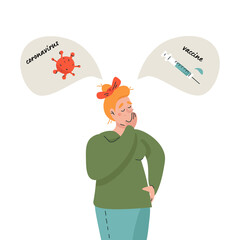 Woman chooses between the coronavirus vaccine and the refusal of the vaccine concept flat vector illustration in cartoon style. A metaphor for thinking about a new coronavirus vaccine. Covid-19