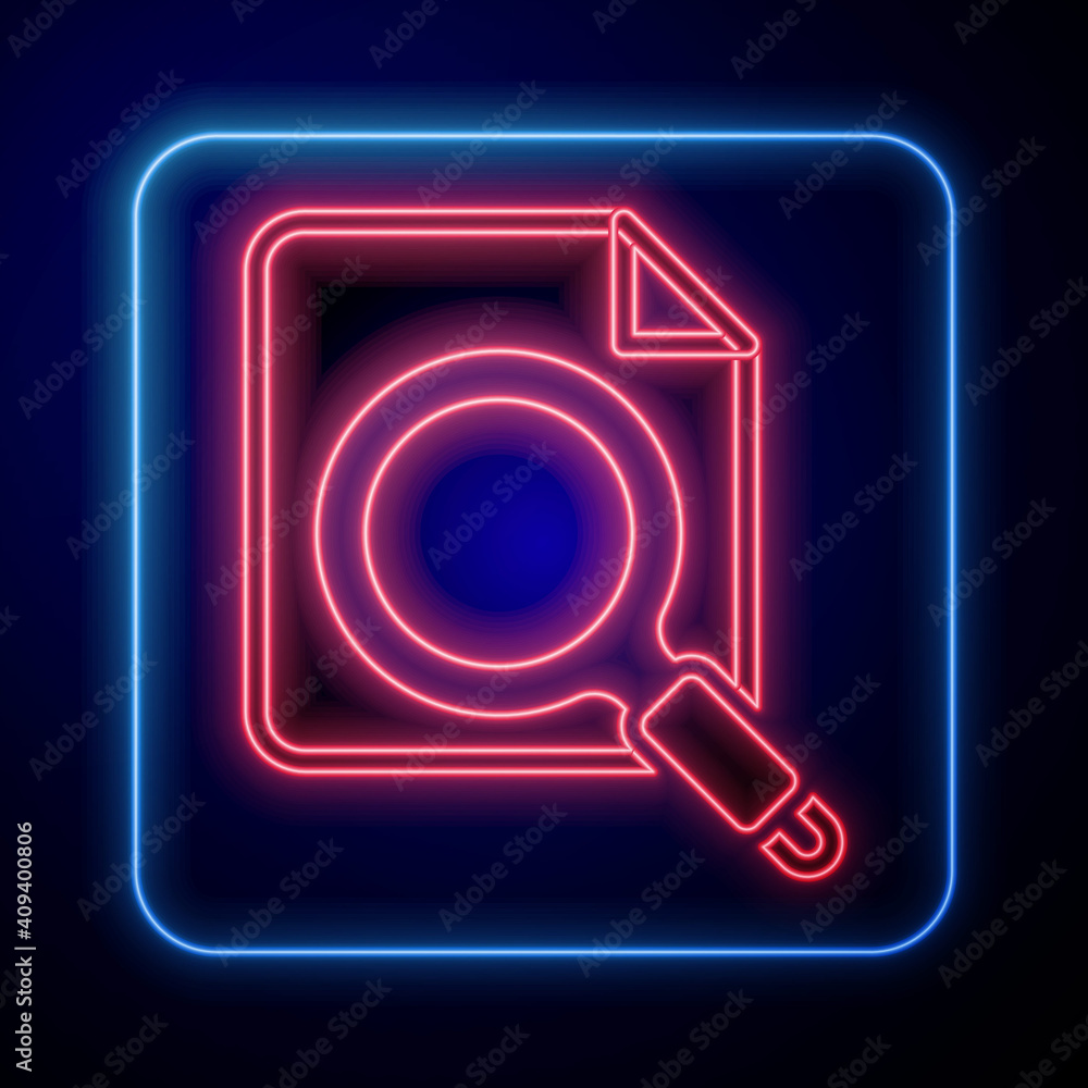 Poster glowing neon search concept with folder icon isolated on blue background. magnifying glass and docum