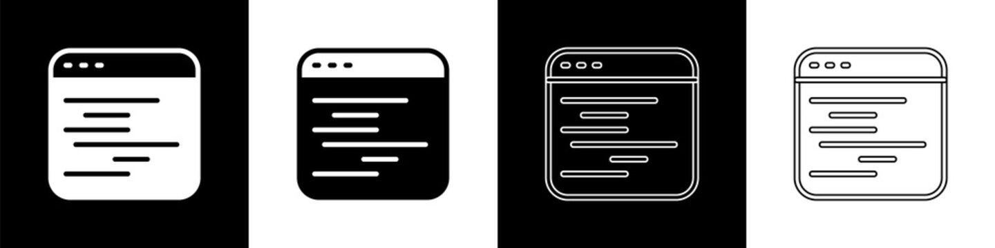 Set Software, web developer programming code icon isolated on black and white background. Javascript computer script random parts of program code. Vector.