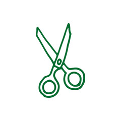 green outline, scissor isolated on white background. scissor vector illustration. cartoon style. sharp tool. cutter icon. sewing cloth. hand drawn vector. doodle for kids, logo, sticker, clipart. 