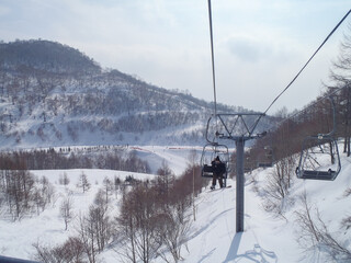 Ski lifts and snowy mountains (Kawaba, Gunma, Japan)