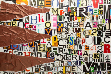 Torn and crumpled pieces of brown paper on collage from clippings with newspaper magazine letters and numbers. Ripped brown paper on alphabet letters cutting from magazine. Copy space for text.