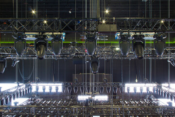 Installation of professional sound, light, video and stage equipment for a tv show. Stage lighting...