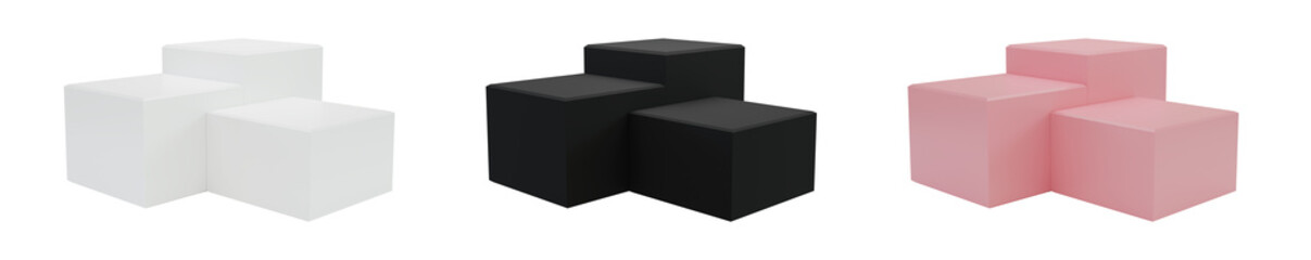 collection of 3 step blank cube podium isolated on white blackground, white, black and pink stand, winner concept. for showcase product, 3D render