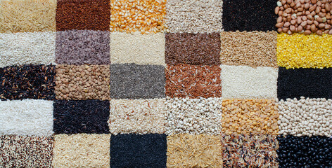 Dry organic cereal and grain seeds background in brick wall pattern, for healthy or carbohydrate...