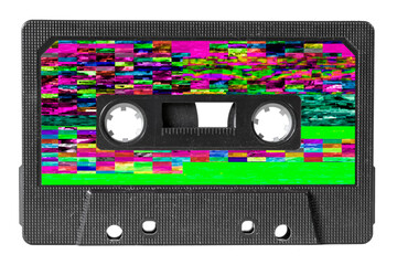 An old vintage cassette tape from the 1980s (obsolete music technology), with an extreme colorful glitch effect instead of the label.
