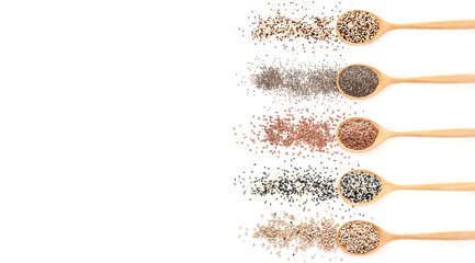 Collection of dry organic cereal and grain seeds in wooden spoon on white background consisted of quinoa, chia, flax seed, and millet