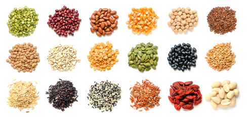 Collection of dry organic cereal and grain seed pile consisted of rice, bean, sesame, millet, barley, wheat, goji berry, and peanut on white background