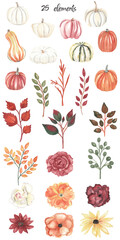 Watercolor autumn clipart isolated on white background Watercolor pumpkins, flowers and botanical elements for fall decor Hand drawn colorful watercolor paintings in yellow, orange, white and yellow
