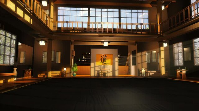 Modern Japanese Karate School or Dojo - 3D Illustration of Interior - Shallow Depth of Field.  Kanji Symbol on Wall Translates to "The Way".