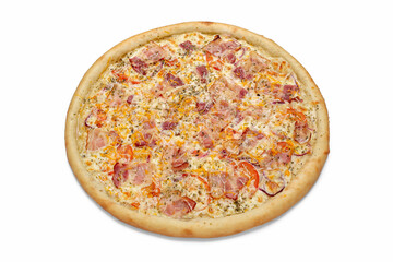 Italian meat pizza isolated on white background. Advertising poster for the pizzeria menu, close-up.