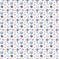 Fototapeta na wymiar Watercolor seamless pattern with summer flowers. Seamless digital paper, scrapbooking, planner, wallpaper, digital background. Textile design. 