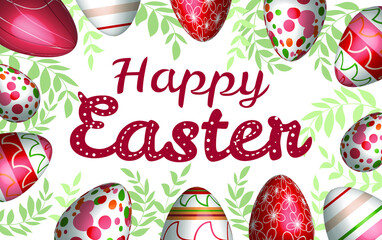 Poster and banner template with 3d realistic Easter eggs and leaves. Promotion, shopping, greetings, and presents for Easter Day