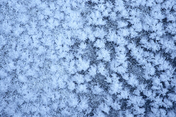 Frosty patterns on ice. Winter and frost texture.