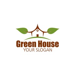 Green house, house with leaf. Vector logo icon template