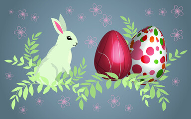 Poster and banner template with 3d realistic Easter egg, bunny and leaves. Promotion, shopping, greeting card, postcard and presents for Easter Day