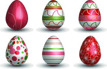 Happy Easter.Set of realistic 3d Easter eggs with different ornaments isolated on a white background. Vector Illustration.