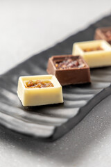 homemade chocolates filled with sweet preserve of rose petals 