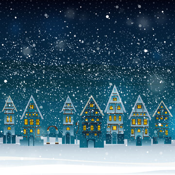 Christmas winter cartoon style vector background with houses