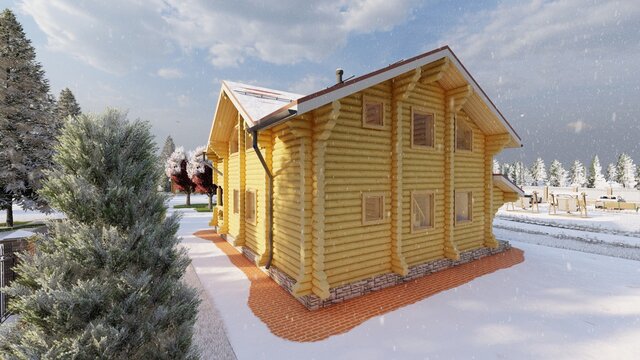 Wooden house made of round logs, villa, tiny house, wooden cottage, on the background of a fence and fir trees illustration for advertising construction work. Color picture winter!