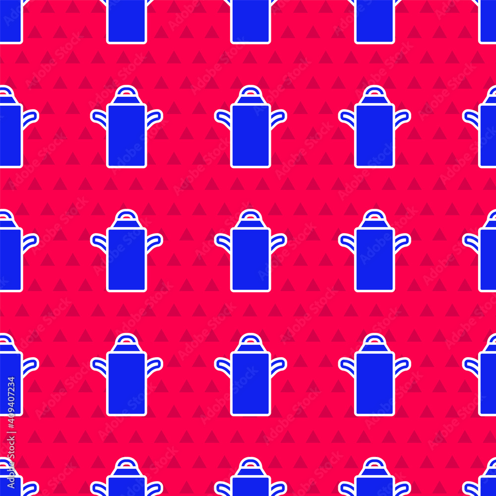 Poster blue can container for milk icon isolated seamless pattern on red background. vector.