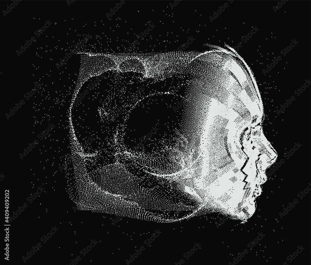 Poster human head made of the array of particles, pixelated and glitched portret of supreme artificial inte