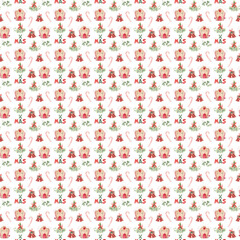 Watercolor christmas seamless pattern with gingerbread house and candies. Christmas background. Printable wrapping paper, wallpaper, scrapbooking, textile and fabric design. 