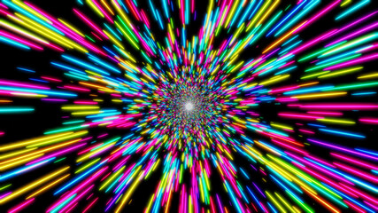 Abstract background neon glow colors. Speed of light in galaxy. Explosion in universe. Cosmic background for event, party, carnival, celebration. 3D render.