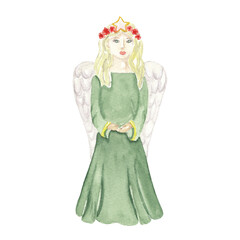 Watercolor angel illustration Christmas angel  Cute New Year and Merry Christmas decor, diy invitation, greeting card, pattern element. Nice illustration of angel girl in green dress