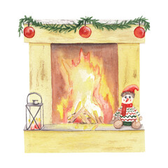 Watercolor Christmas fireplace with light and toy. Cozy winter mood. Great for Christmas illustration, greeting card. High resolution isolated on white