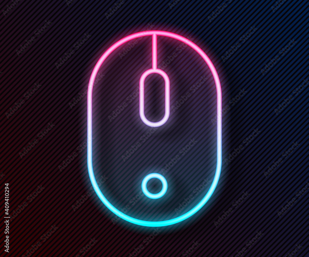 Poster glowing neon line computer mouse icon isolated on black background. optical with wheel symbol. vecto