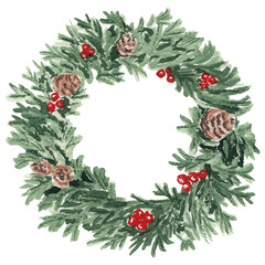 Fototapeta na wymiar Christmas wreath. Watercolor Christmas llustrations. Great for greeting card and posters. White, green and red colors 