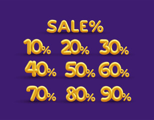Set of Sale off discount promotion set made of realistic numbers 3d gold helium balloons. Vector Illustration of balloon golden 10 to 90% percent discount collection for your unique selling poster.