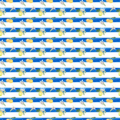 Fototapeta premium Seamless watercolor patterns with citrus fruits and blue horizontal watercolor lines High quality digital papers Hand drawn lemons, oranges and mandarines. Scrapbook, textile and paper design 300dpi