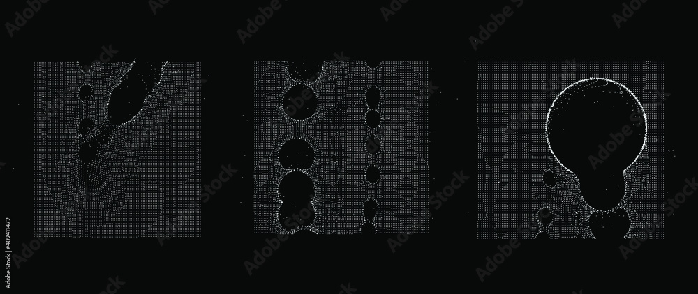 Poster Ordered array of particles, surface made of dots. Conceptual illustration of fluid matter with oscillation and fluctuation. Generative computer art.