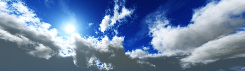 Beautiful sky with clouds and the sun, clouds on the blue sky, the sun among the clouds, 3D rendering