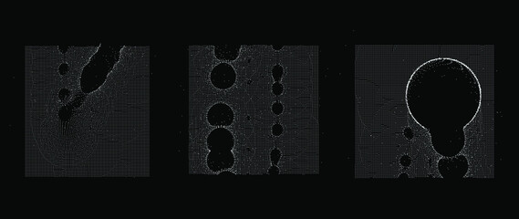 Ordered array of particles, surface made of dots. Conceptual illustration of fluid matter with oscillation and fluctuation. Generative computer art.