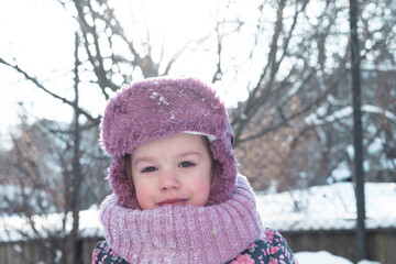 Winter, family, childhood concepts - close-up portrait authentic little preschool minor 3-4 years...