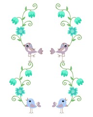 Beautiful card with birds and flowers on white background. Cute vector illustration.