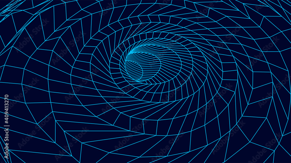 Poster Wireframe 3D tunnel. Perspective grid background texture. Mesh wormhole model. Vector Illustration.