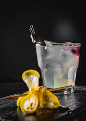 Gin Cocktail with Lemon and honey on black background 