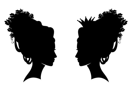 fairy tale queen or princess with rose flowers and marie antoinette style hair black and white vector silhouette portrait