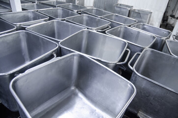 A trolley for transportation of meat. The steel capacity of the meat-packing plant. Equipment...