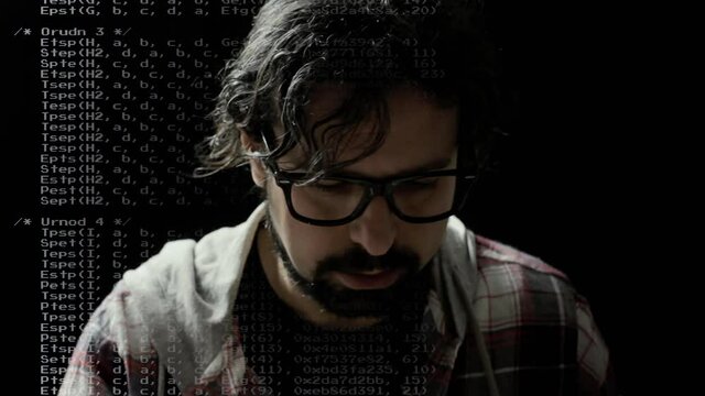 Closeup shot: a hipster man typing on a computer keyboard in the darkness, surrounded by scrolling source code, getting tired.

