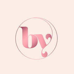 BY monogram logo.Abstract typographic signature icon.Letter b and letter y.Lettering sign isolated on light background.Alphabet initials.Wedding pink color characters and circle element.