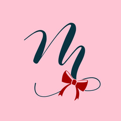 Letter m logo.Wedding decorative creative calligraphic icon isolated on pink fund.Ornate symbol for beauty, boutique, gift brand.Lowercase alphabet initial.Ribbon bow red color playful element.